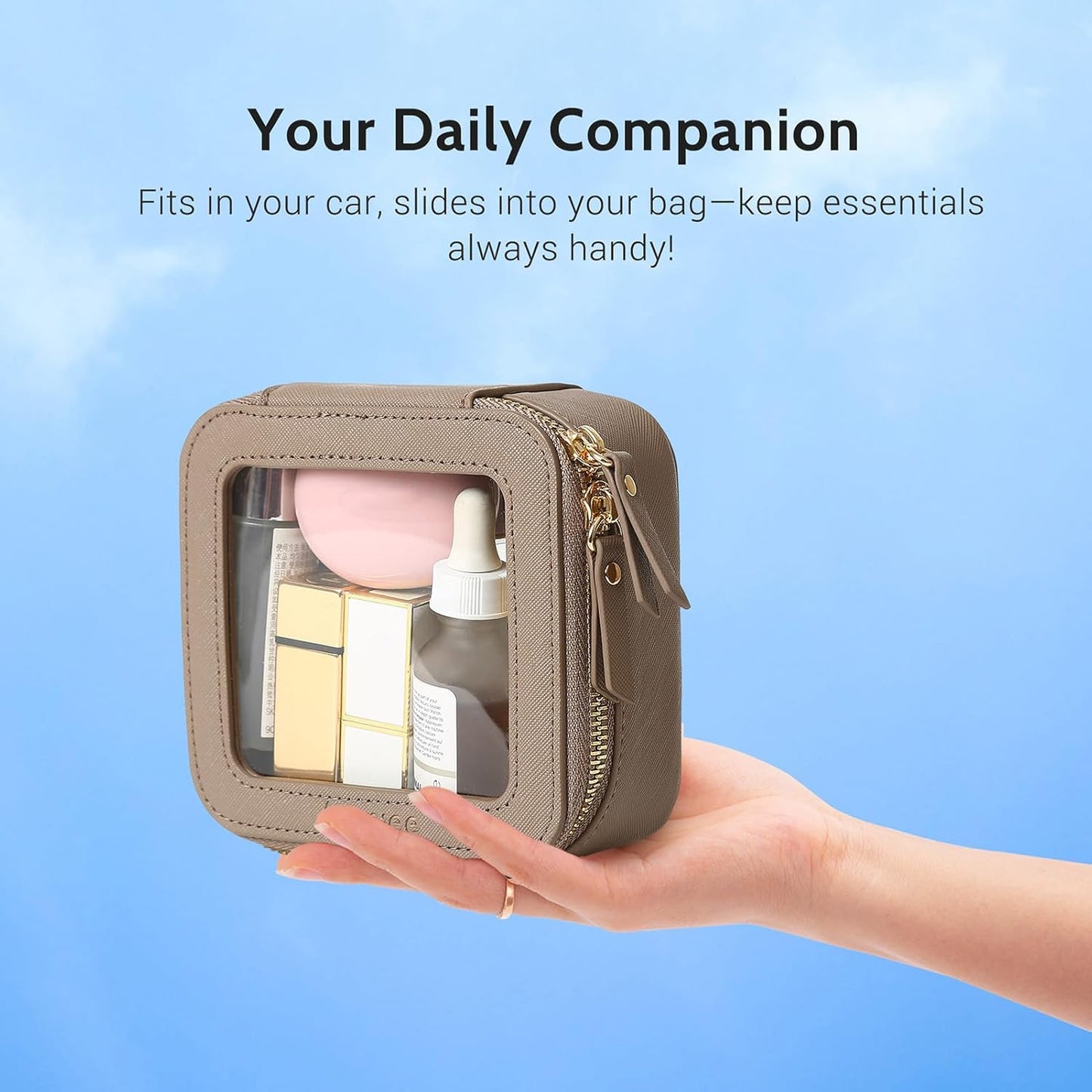 Aveniee Clear Makeup Bag Set (2-Piece Mini & Midi) - Travel Toiletry Organizer for Women, Waterproof Cosmetic Pouch & Car Accessory for Travel Size Toiletries, Taupe