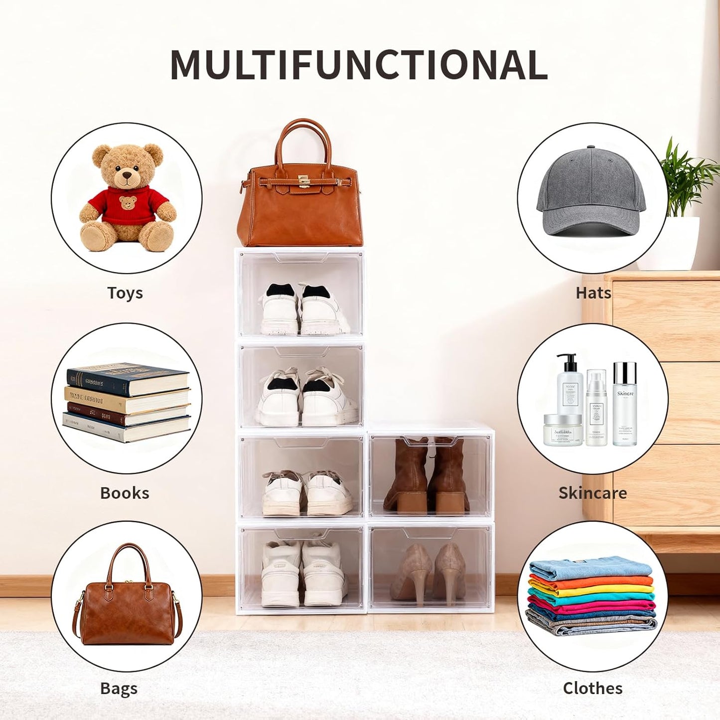 Shoe Boxes Shoe Storage Boxes Display Boxes with Magnetic Doors and Stackable Design, Ideal for Hallways, Under Beds, Wardrobes, and Living Rooms (Magnetic Door-Clear, 6 Pack)