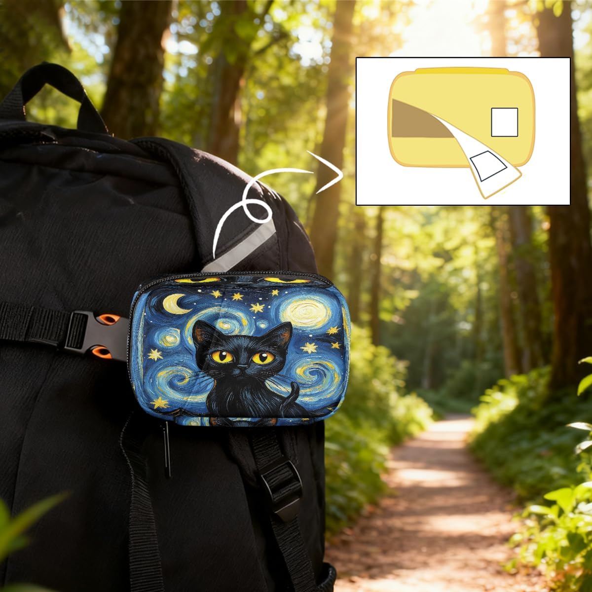 Black Cat Starry Night Pill Organizer Travel Medicine Case with Zipper Daily Vitamin Storage Bag Portable 8 Slot Weekly Pill Box Supplement Holder for Home Office Gym Travel