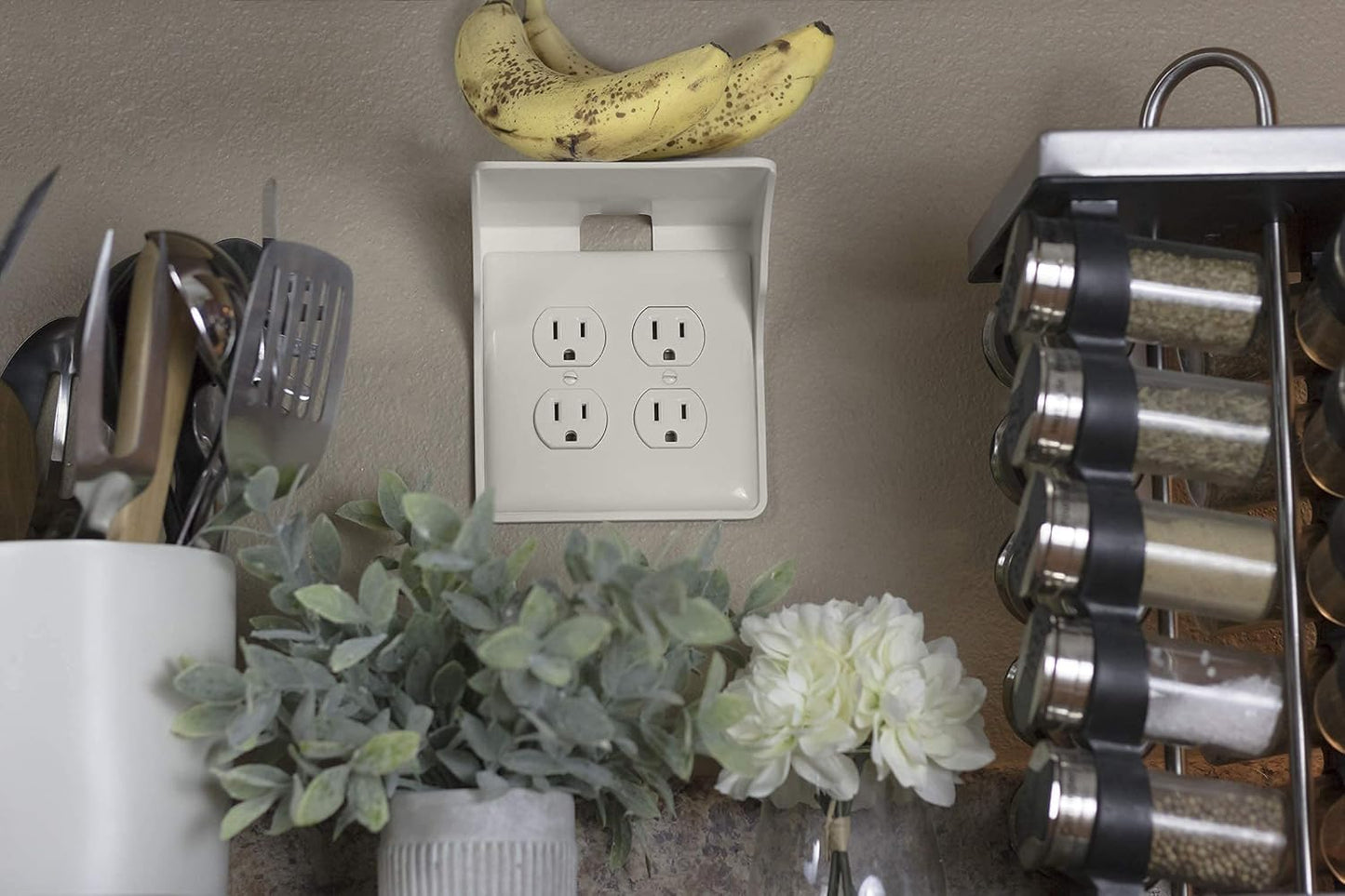 Power Perch Double Wall Outlet Shelf with Cord Storage Strap - Declutter & Reclaim Bathroom Counter Space - Alexa Stand, Apple Homepod Shelf, Toothbrush Holders Wall Mounted - Almond, 2-Pack