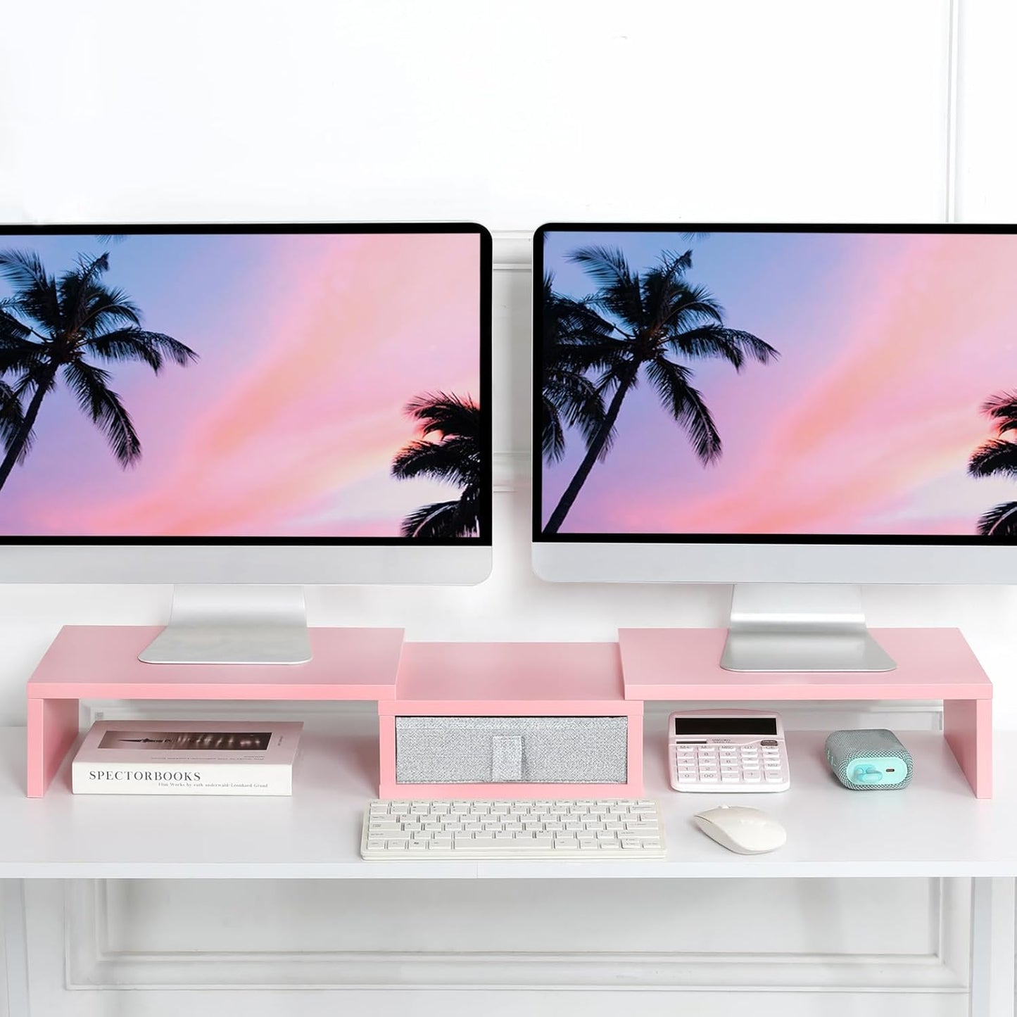TEAMIX Pink Dual Monitor Stand Riser with Drawer - Length and Angle Adjustable Double Corner Desk Shelf Organizer 37 inch for 2 Laptop/PC/Screen/TV