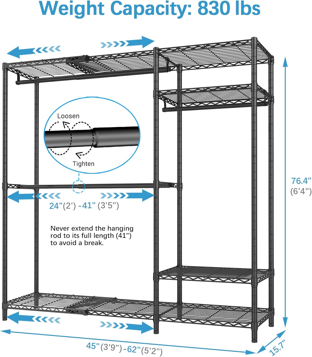 VIPEK X20 Plus Expandable Reach-in Closet Rack Adjustable from 3'9" to 5'2" Clothing Rack with Extendable Shelves and Hanger Rods Portable Clothes Racks Open Walk-in Closet System, Black