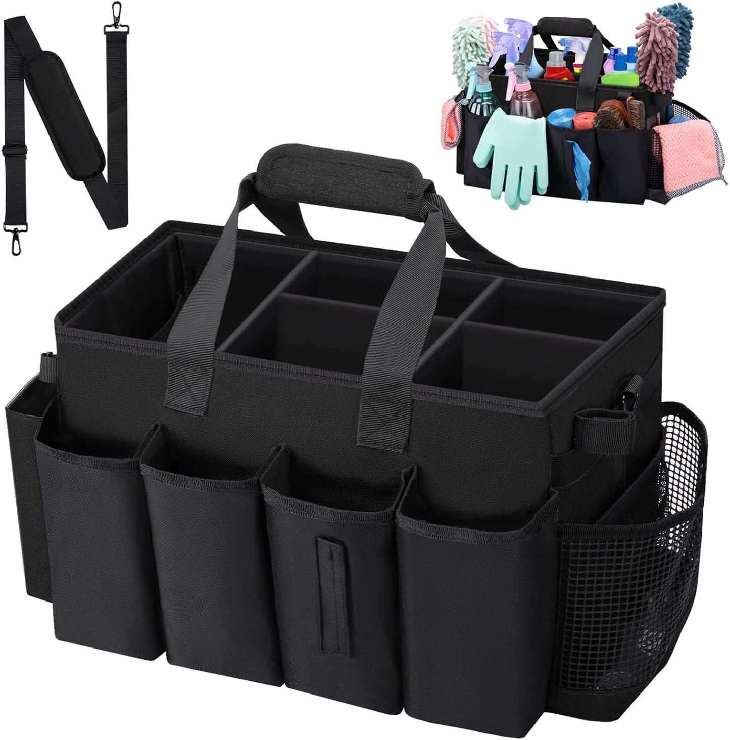 Wearable Large Cleaning Caddy Bag for Housekeeper, Clean Supply Organizer with Adjustable Shoulder, Waist & Handle Straps, Detailing Bag for Kitchen Supplies (Black)
