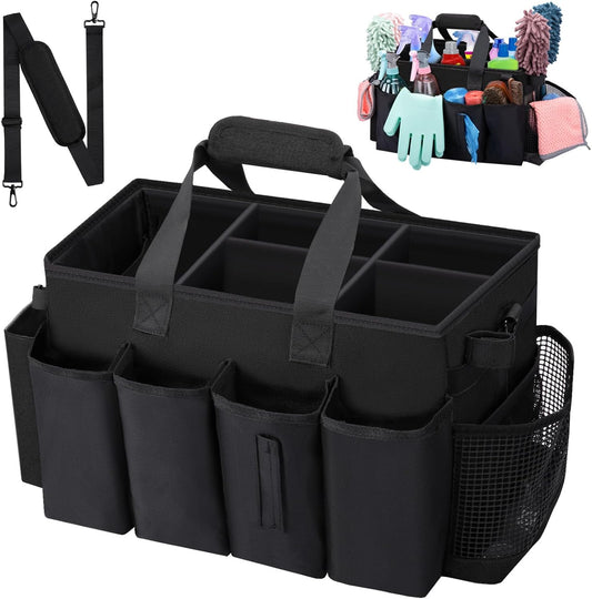 Wearable Large Cleaning Caddy Bag for Housekeeper, Clean Supply Organizer with Adjustable Shoulder, Waist & Handle Straps, Detailing Bag for Kitchen Supplies (Black)
