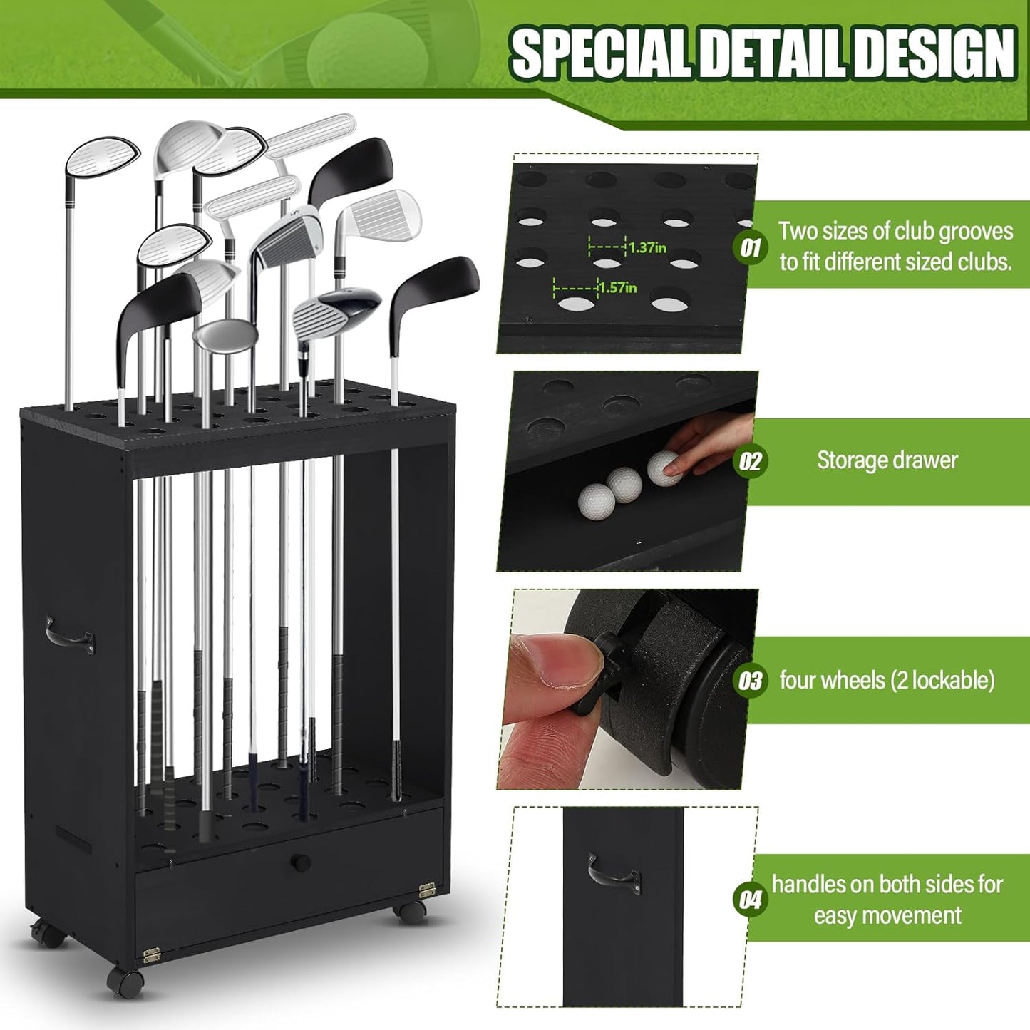 27 Hole Golf Club Stand Holder Wooden Golf Club Organizer Putter Display Rack with Storage Drawer and Wheel for Indoor Home Office Simulator Garage