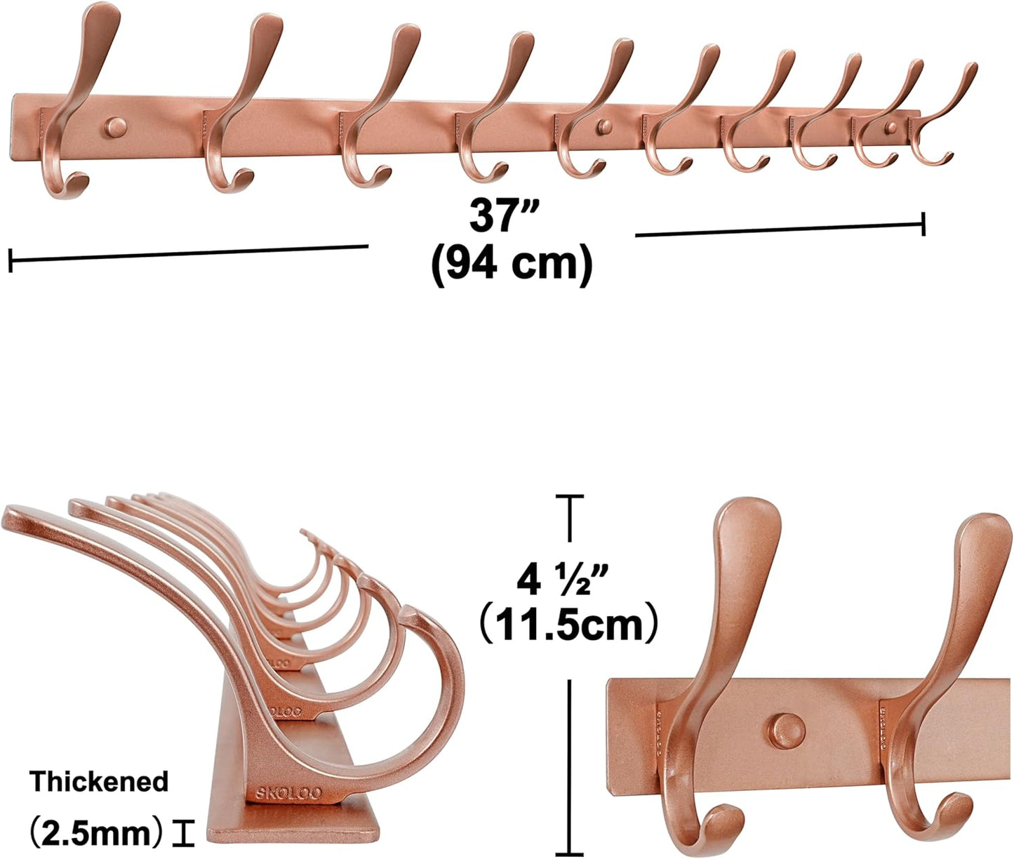 SKOLOO Wall Mounted Coat Rack - 10 Hooks, Pack of 2, Heavy Duty, Stainless Steel, Metal Wall Hanger, Sturdy Coat Hooks for Hanging Coats, Jackets, Clothes, Hats - Matte Rose Gold