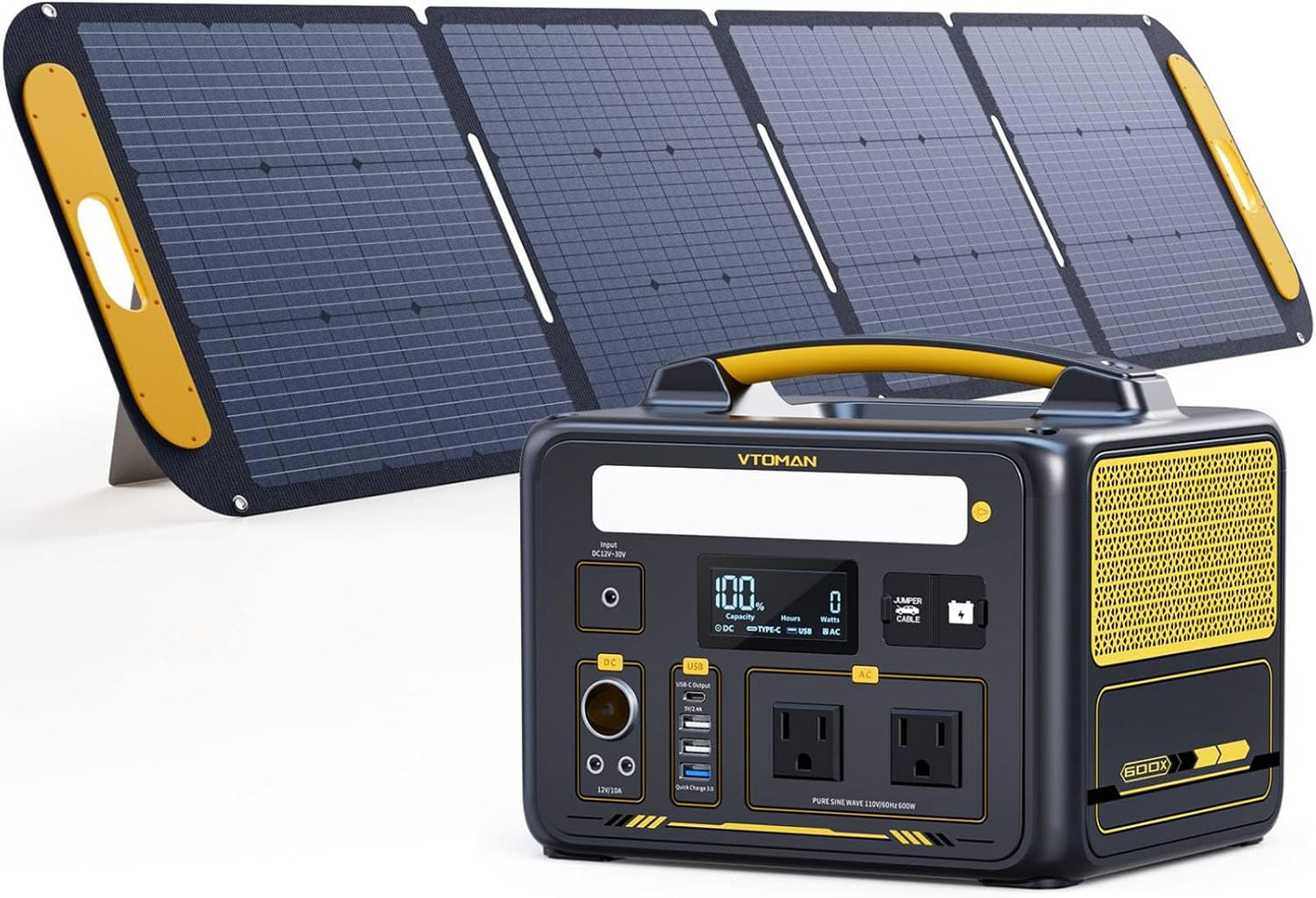VTOMAN Jump 600X Solar Generator with 200W Solar Panel, 299Wh Portable Power Station with 2x 600W AC Outlets (Surge 1200W) for Outdoor Camping, Vehicle Emergency, Electric Backup