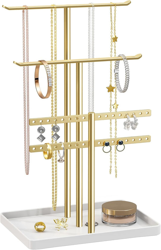 pickpiff Jewelry Stand Holder Organizer: 12.5" Tall Sturdy Hanger for 80 Pcs Jewelry, Gold Jewlery Tower for Necklace, Earring, Bracelet