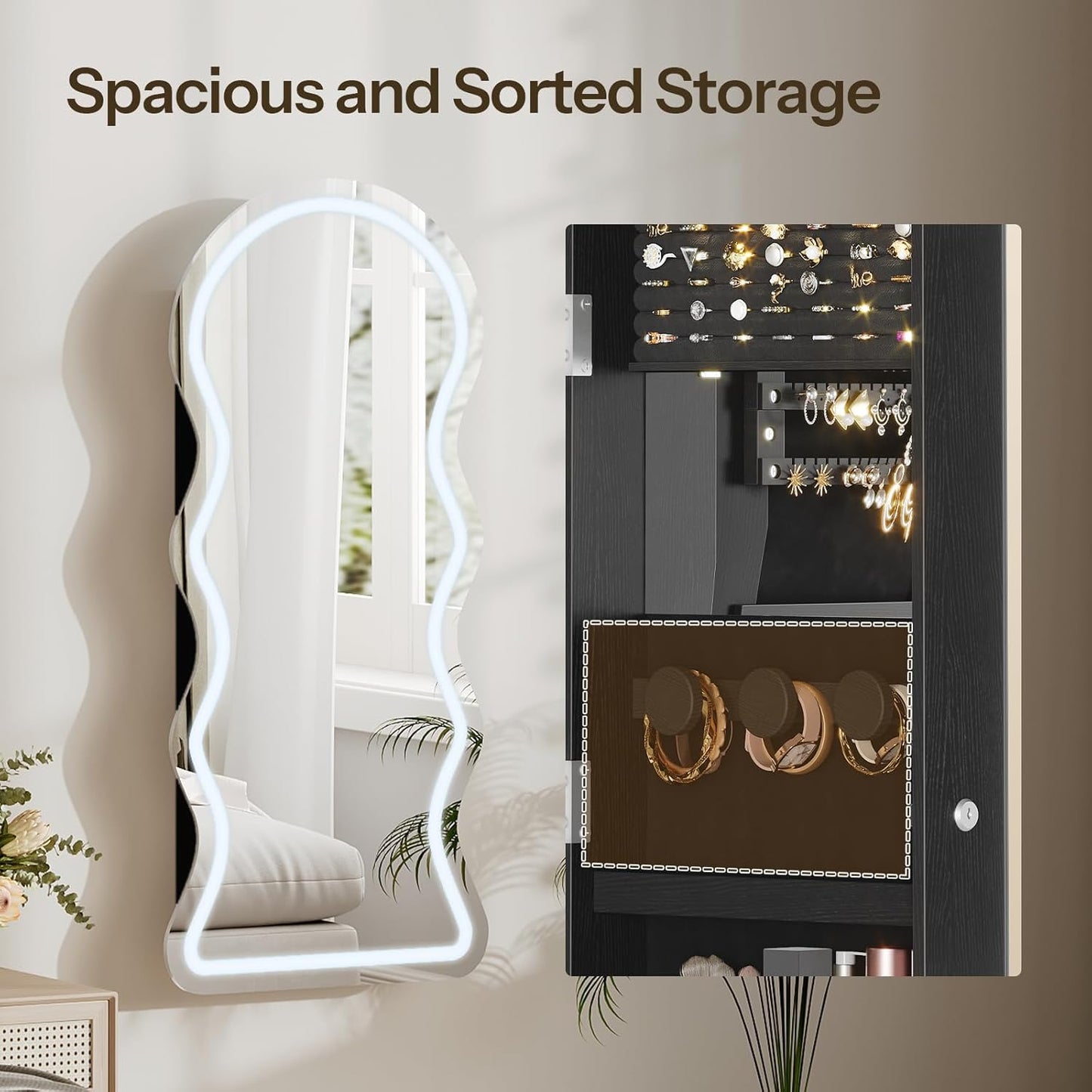 HOOBRO LED Mirror Jewelry Cabinet, Wall/Door Mounted Jewelry Organizer, Jewelry Aromire with Wavy Mirror Full Length, Lockable Cosmetics Storage Cabinet, Interior Mirror, 16.5" x 4.1" x 43.3", Black