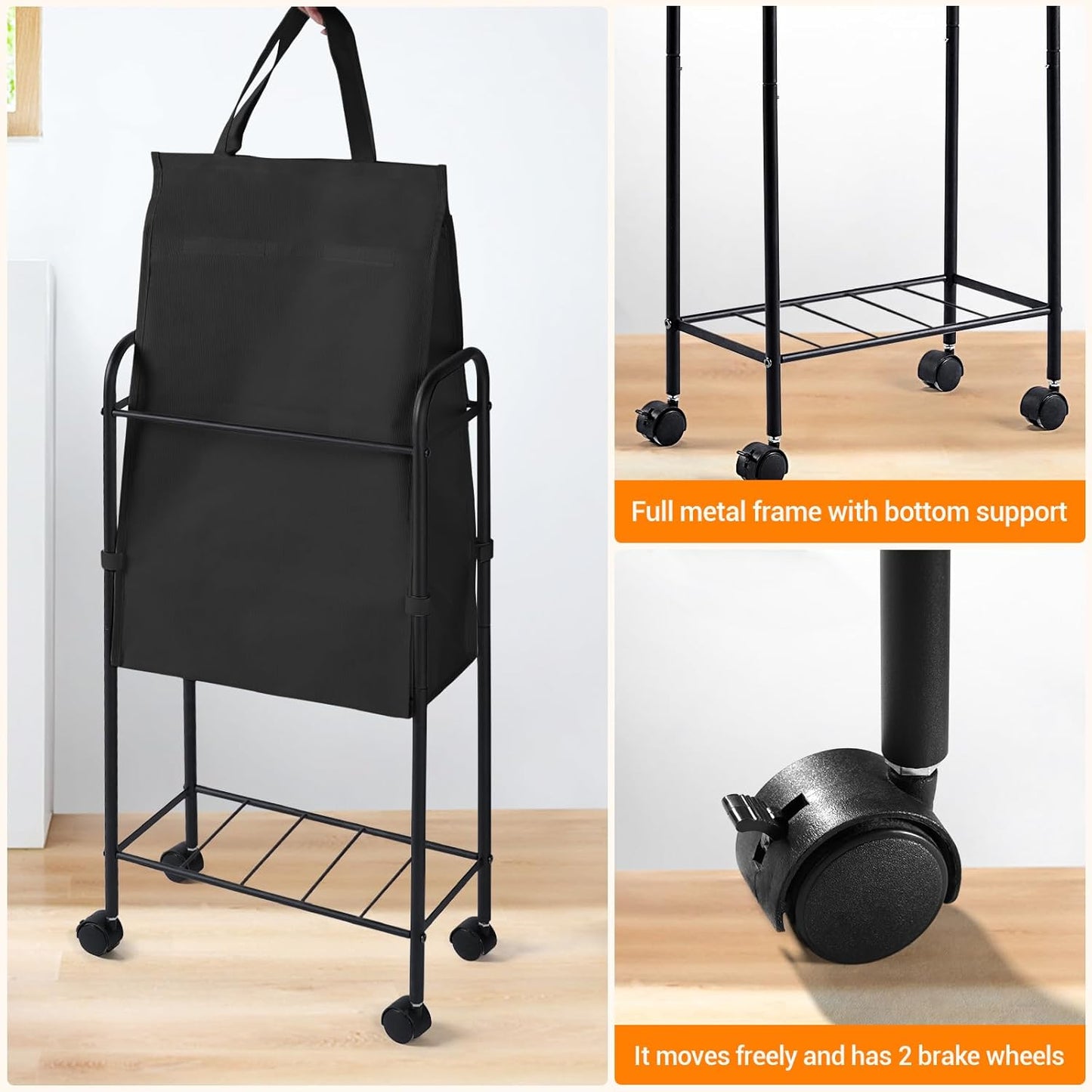 ELYKEN Slim Laundry Hamper with Lid, 50L Small Rolling Laundry Basket on Wheels, 7.9” Narrow Dirty Cloth Cart with Removable Inner Bag for Small Bathroom, Bedroom, Black