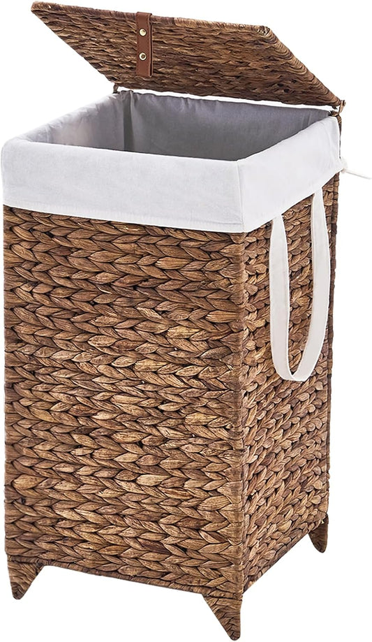 Laundry Hamper with Lid and Removable Liner Bag, Handwoven Natural Hyacinth Clothes Hamper with Heightened Feet, Wicker Laundry Basket for Clothes and Towels，Small