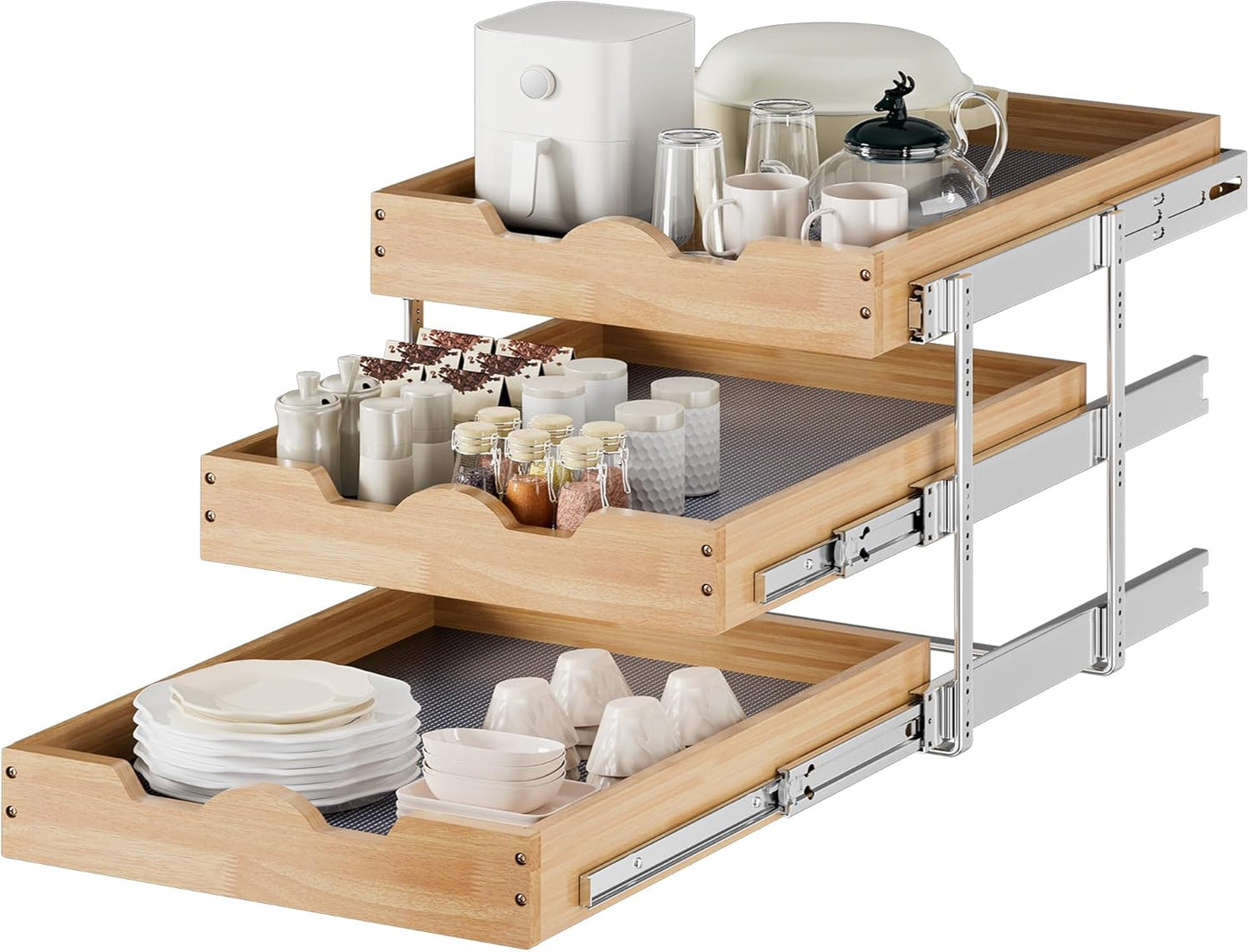 DINDON 3 Tier Pull Out Cabinet Organizer 20”W X21”D Slide Out Shelves With Shelf Liner for Kitchen Wood Roll Out Drawers Pantry Organization