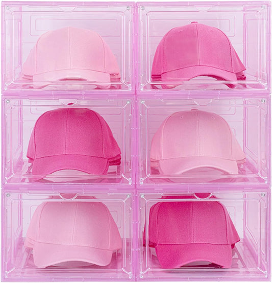 6 Pack Hat Organizer Box, Stackable Clear Baseball Caps Holder Box Containers with Magnetic Door for Hats Snapback Cap Storag, Hat Rack Display Case, Holds 8 Hats Each (Pink)