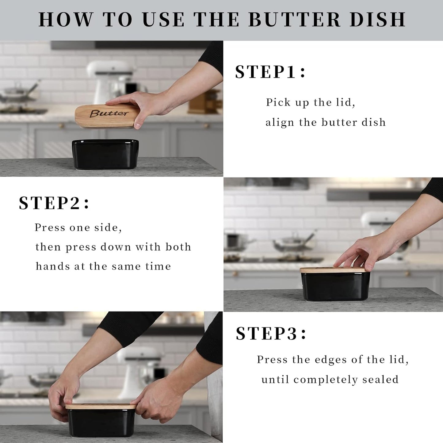 GDCZ Ceramics Butter Dish with Wooden Lid- Large Covered Butter Holder for Countertop, Butter Keeper Container Perfect for Holds 2X 4oz West/East Coast Butter, Black