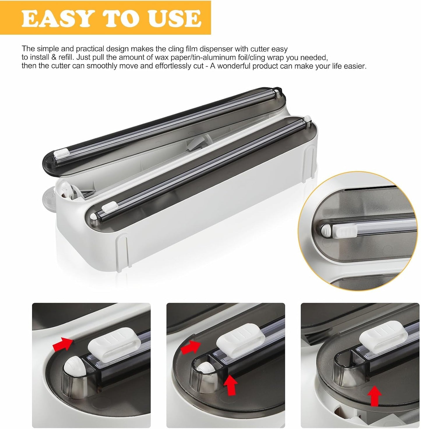 Magnetic Plastic Wrap Dispenser with Cutter - Refillable Tin Foil and Plastic Wrap Organizer for Kitchen, Aluminum Foil Dispenser with Paper Towel Holder Wall Mount - Fits 12" Roll, White