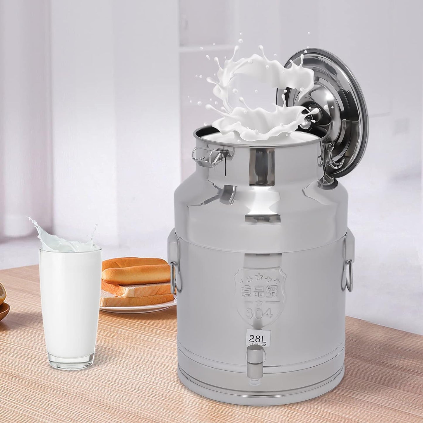 7.4Gallon Milk Can,Milk Bucket Wine Oil Rice Pail Bucket Milk Can 304 Stainless Steel Tote Jug with Sealed Lid and Spigo,For Storing Ghee, Milk, Wine,Wheat,Beans,Tea Leaves,Grains