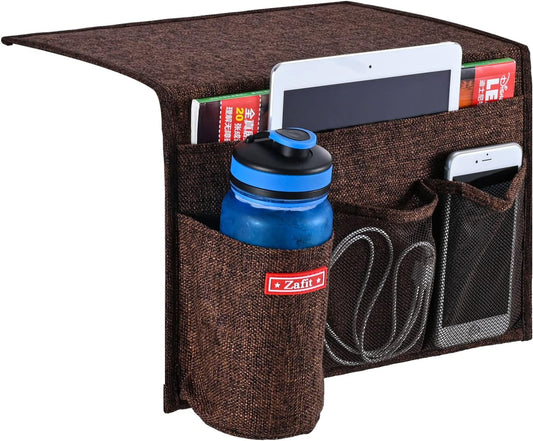Linen 4 Pockets Bedside Caddy, Bedside Storage Organizer for Magazine, Remotes, Phone (Coffee)