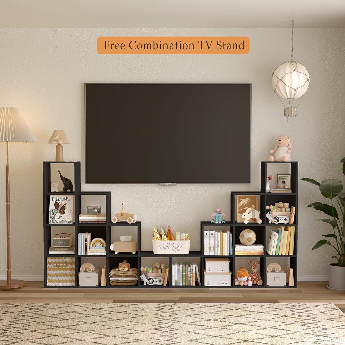 Ladder Cube Storage Bookcase - Wooden L-Shaped 4-Tier Corner Shelf, Reversible 10-Cube Organizer for Home & Office, Black