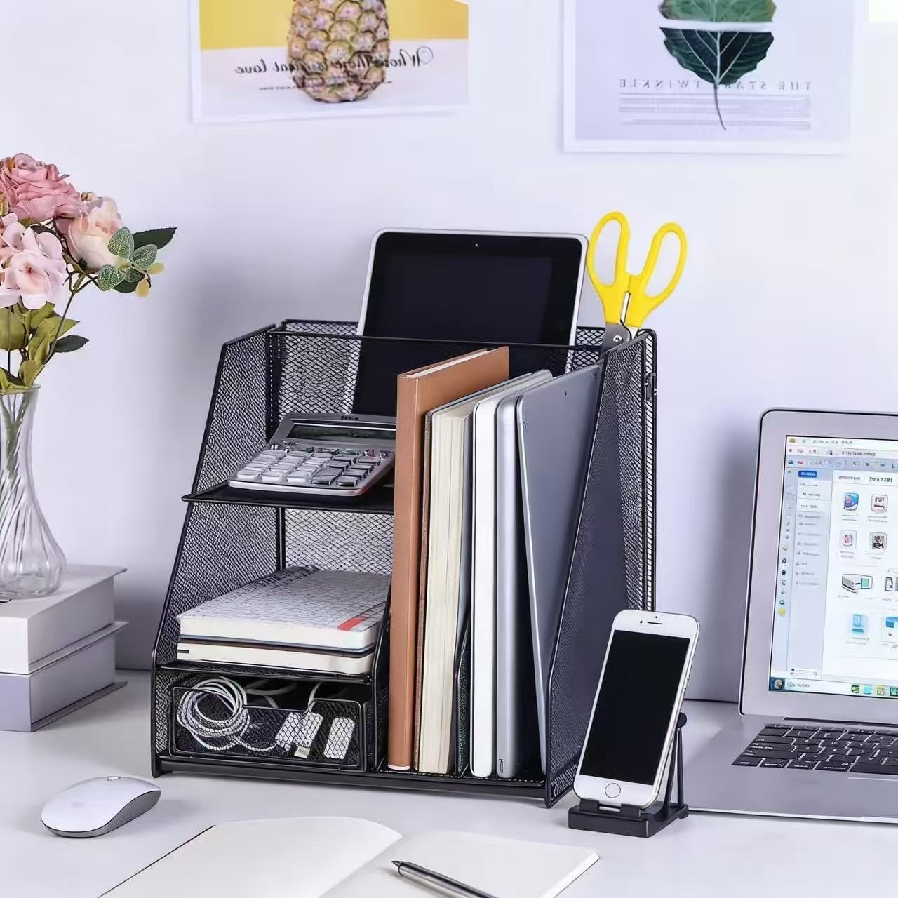 Black Mesh Desk Organizer Set, 3-in-1 Office Organizer with File Holder, Drawer & Accessories Tray, Multi-functional Desktop Storage for Stationery, Documents, Home & Office