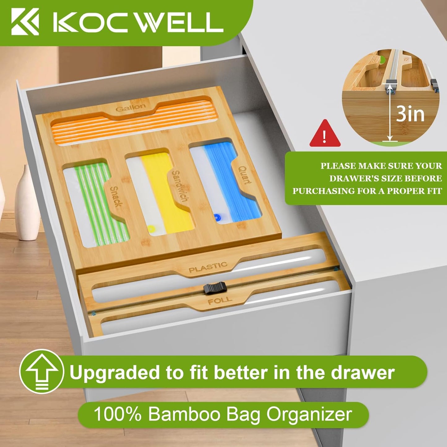 Bamboo Bag Storage Organizer - 2 Wrap Dispenser with Cutter & 4 Slots Food Storage Bags Container - Kitchen Drawer Plastic Bags Storage Organization for Gallon Quart Sandwich Snack Bags