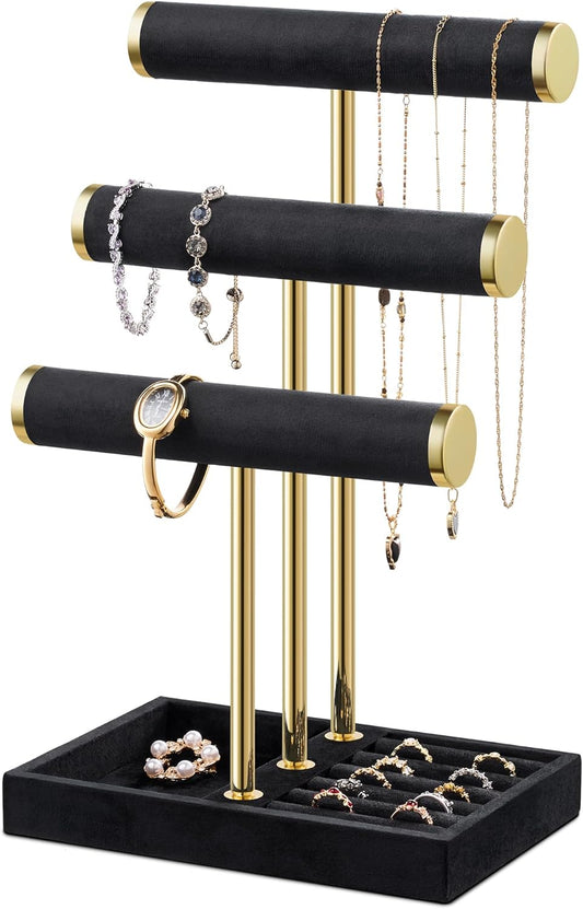 Bracelet Holder Jewelry Organizer Display - 3 Tier T Bar Velvet Stand, Black Jewelry Storage for Bracelet, Necklaces, Earrings, Watches