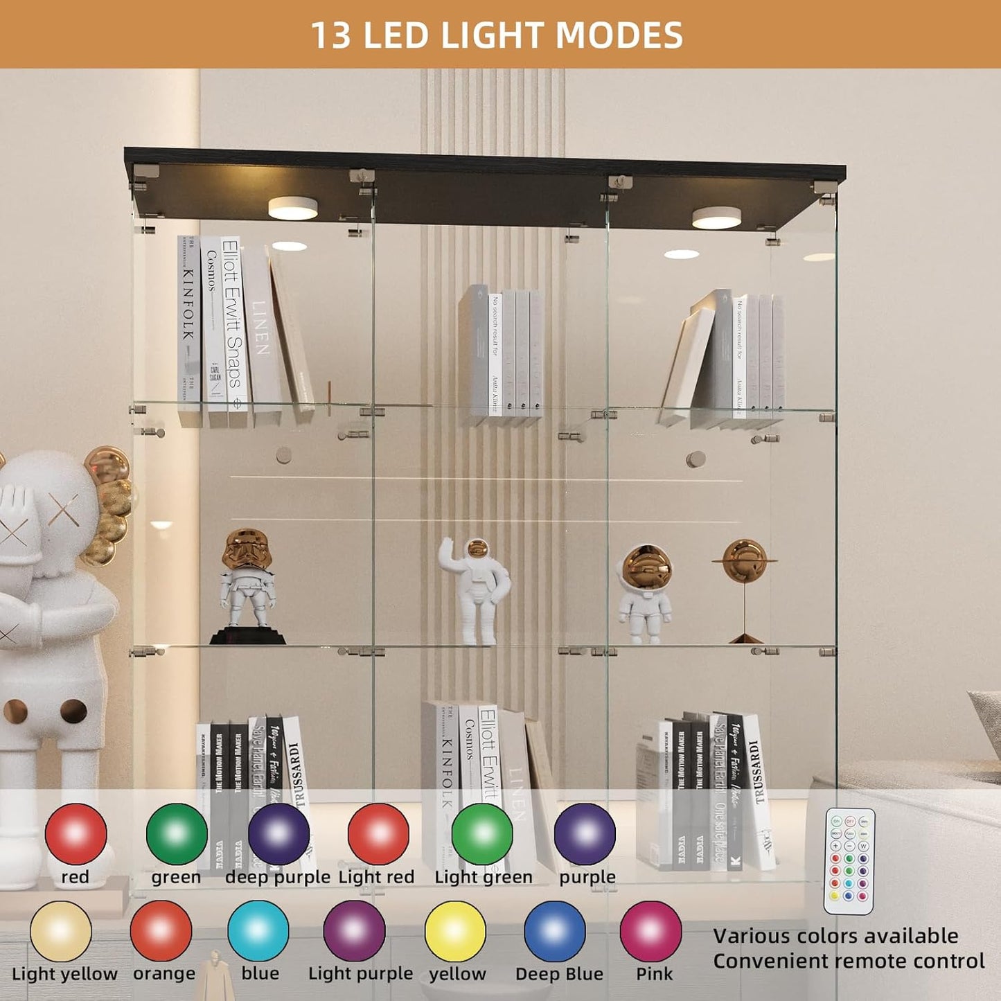 Beauty4U Glass Display Cabinet with LED Lights, Extra Large 3 Columns 2 Doors Curio Cabinets with 12 Shelves for Living Room, Bedroom, Office, Black Floor Standing DIY Glass Bookshelf