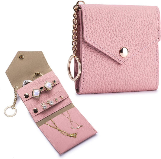 Small Travel Jewelry Organizer Case for Women, Genuine Leather Mini Jewelry Roll with Keychain, Portable Earring Ring Necklace Storage Pouch for Short Trips & Daily Use