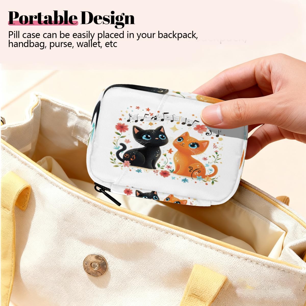 Vintage Music Note Cute Cat Pill Organizer Travel Medicine Case with Zipper Daily Vitamin Storage Bag Portable 8 Slot Weekly Pill Box Supplement Holder for Home Office Gym Travel