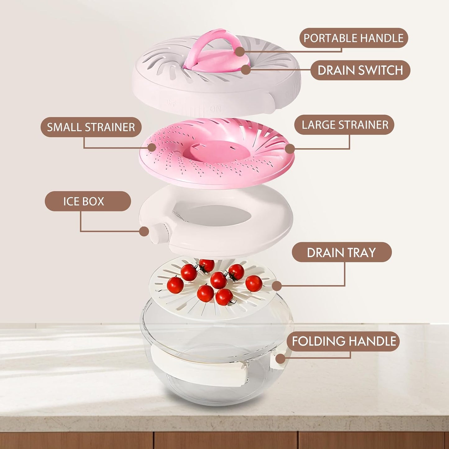 2025 Upgrade Fruit Washing Bowl with Strainer(2.85QT+1QT),3 in 1 Multipurpose Drain Basket with Lid & Ice Box,Foldable Handle Fruit Strainer,Fruit Washer Perfect for Fridge Storage and Outdoor Picnics