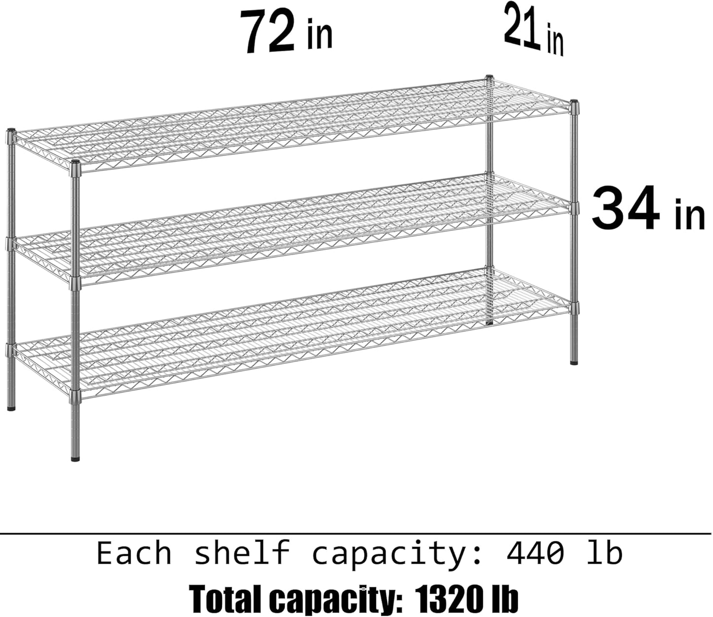 21" Deep x 72" Wide x 34" Height Wire Shelving Kit | 3-Tier | NSF Commercial Storage Rack Unit