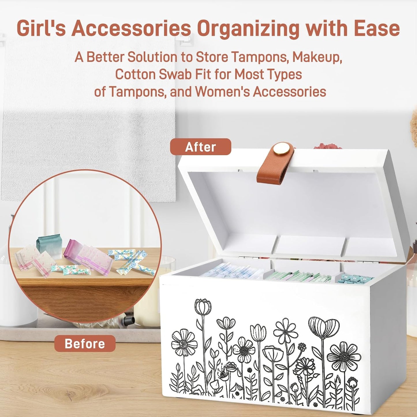 100% Solid Wood Tampon Holder Box with Lid, Copper Leather Pull, Absolute Real Wood Bathroom Decorative Box for Feminine Product Storage and Accessories such as Tampons, Cotton Balls, Gifts for Women