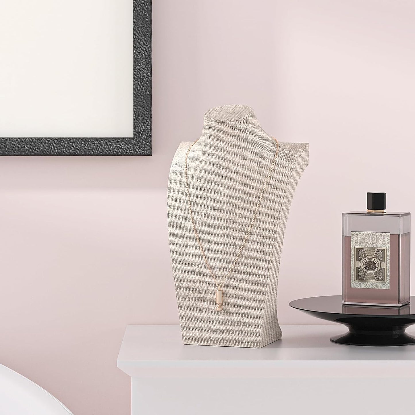 Necklace Bust Display Stand, Necklace Holder, Pendant Chain Necklace Organizer for Women (Yellow Linen, L 1PCS)