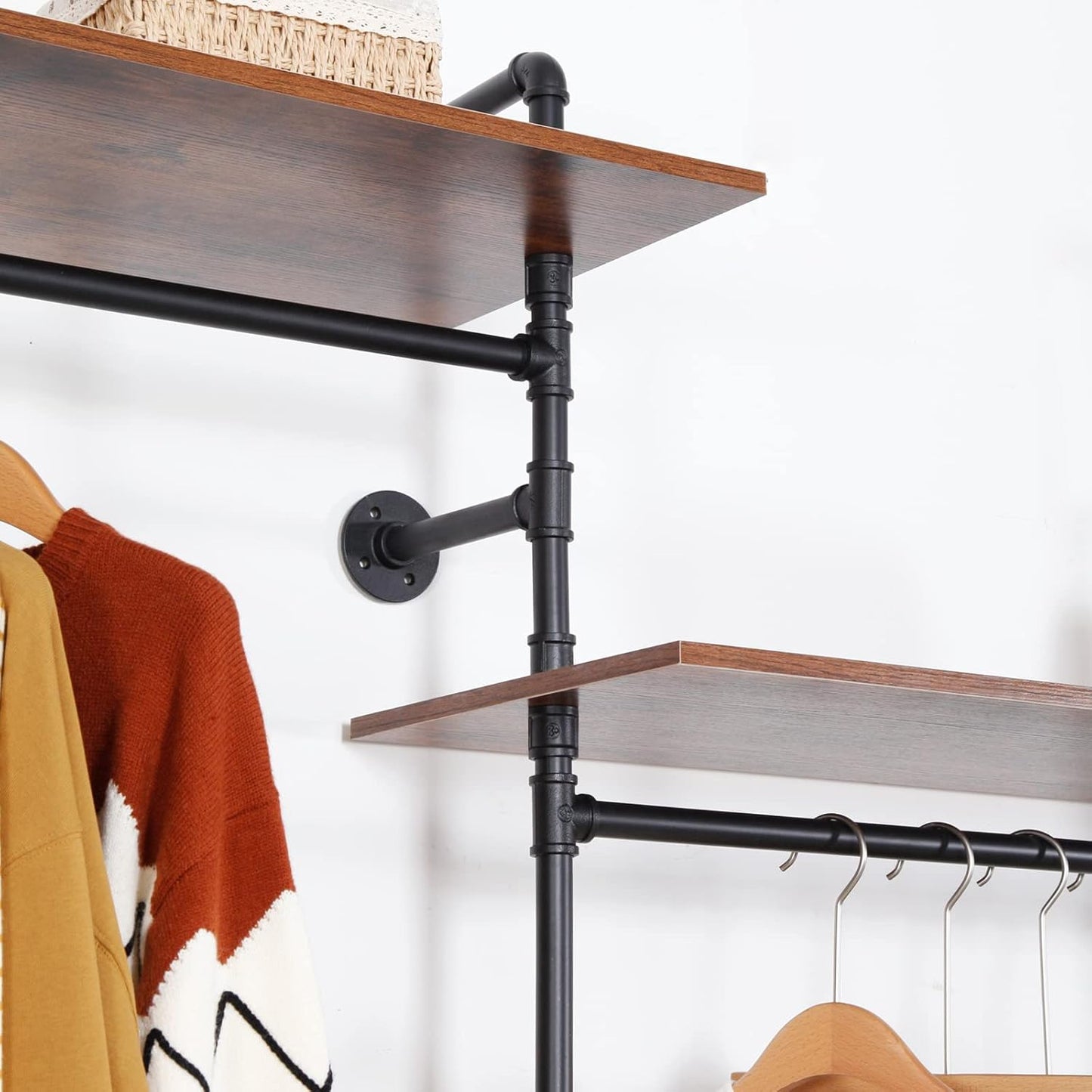 Industrial Iron Pipe Clothing Rack, 40inch Black Vintage Retro Shelving Wall Mounted DIY Garment Rack Rustic Farmhouse Kitchen Storage