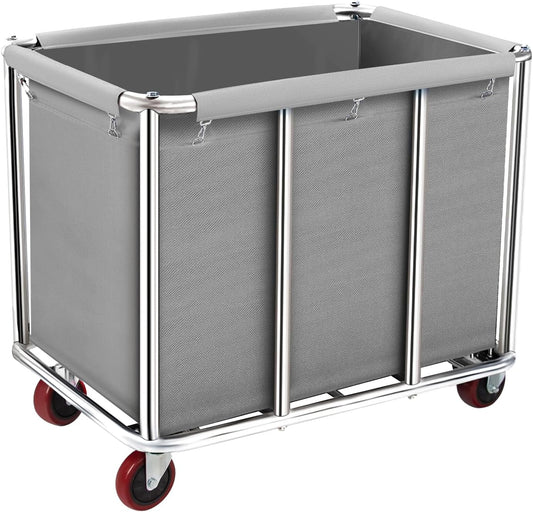 Commercial Laundry Cart on Wheels, 11.35 Bushels Large Roller with Removable Waterproof Canvas Lined Basket, Heavy Duty Stainless Steel for Hotels and Hospitals