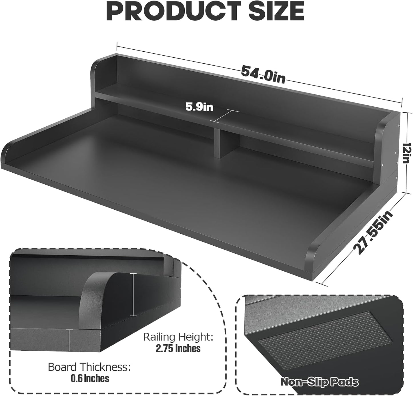 2-Tier Washer Dryer Countertop with 2.75"H Edge Rails, 54" W x 27.55" D Laundry Countertop for Folding Clothes, Washer and Dryer Topper with Non-Slip Pad (Black)