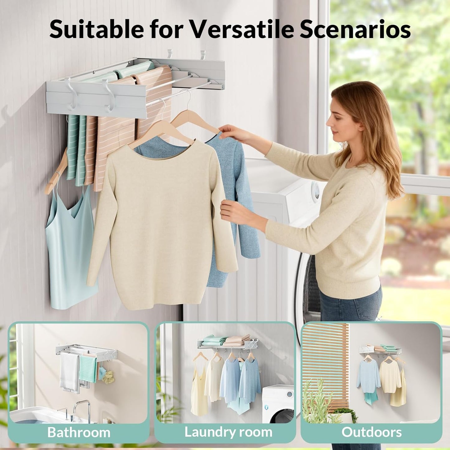 BAKON Wall Mounted Foldable Clothes Drying Rack - Indoor Outdoor Laundry Drying Rack with 4 Hooks & 4 Poles, Space Saving Concealed Design for Storage (23.6"【Upgrade】)