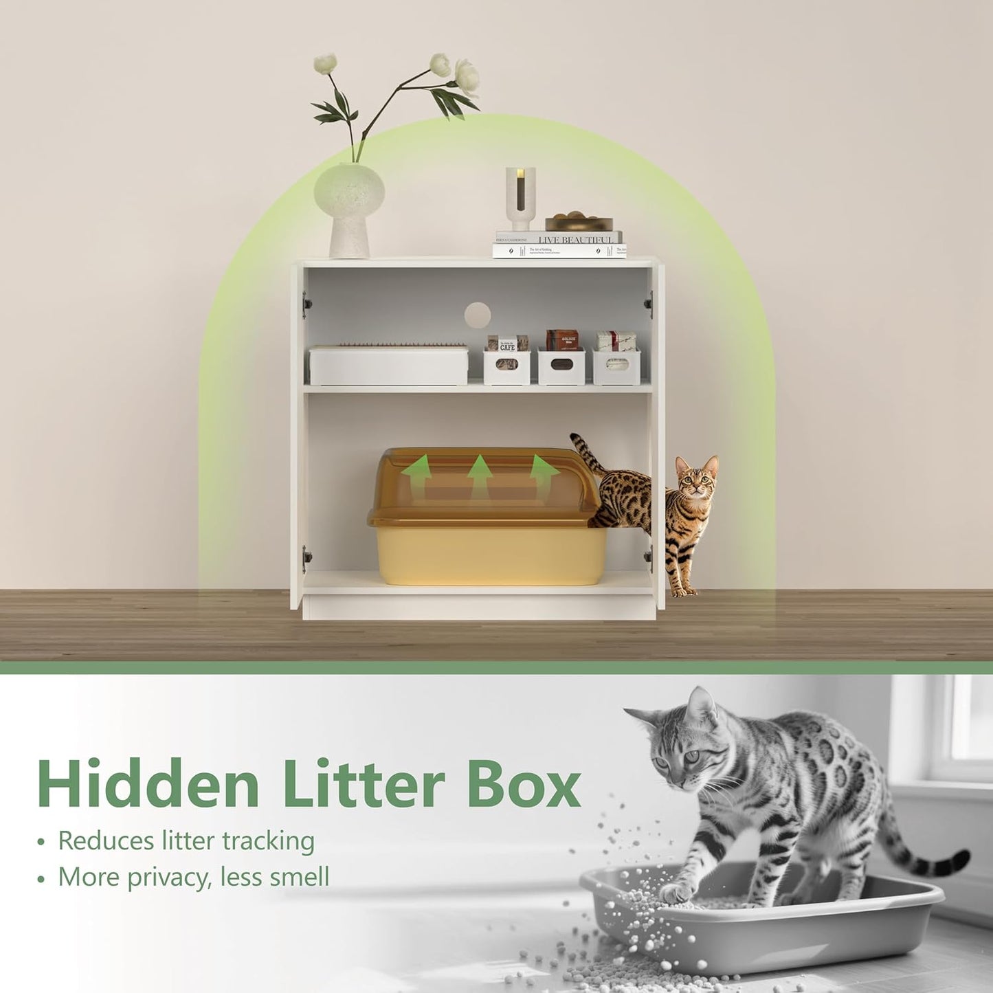Large/Tall Litter Box Enclosure, Modern Wooden Litter Box Furniture for XL Litterbox with Hidden Storage as Sideboard Cabinet (White)