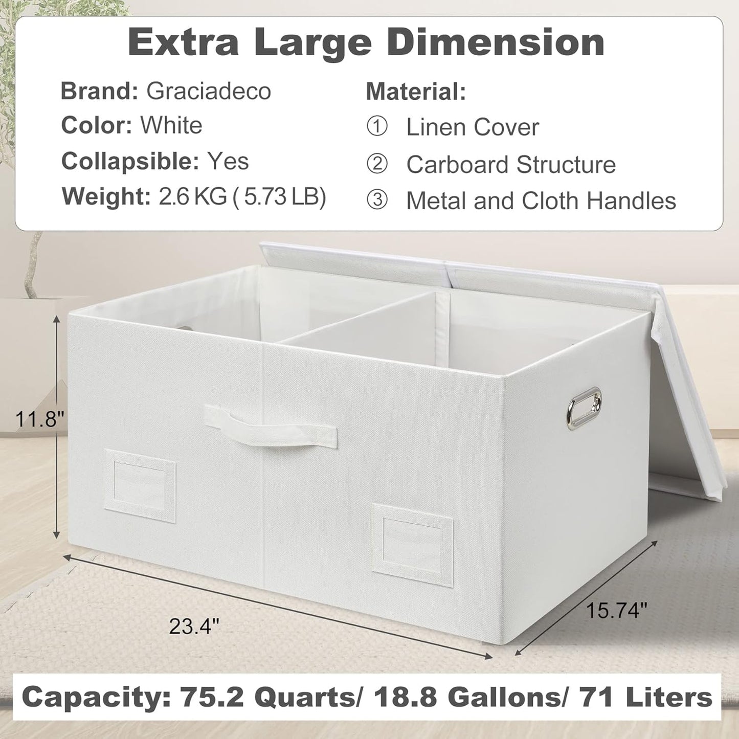 75 Quarts Extra Large Decorative Storage Bins with Lids, 3 Packs White Collapsible Storage Bins with Lids, Stackable Storage Bins Decorative Box Storage With Lid Extra Large