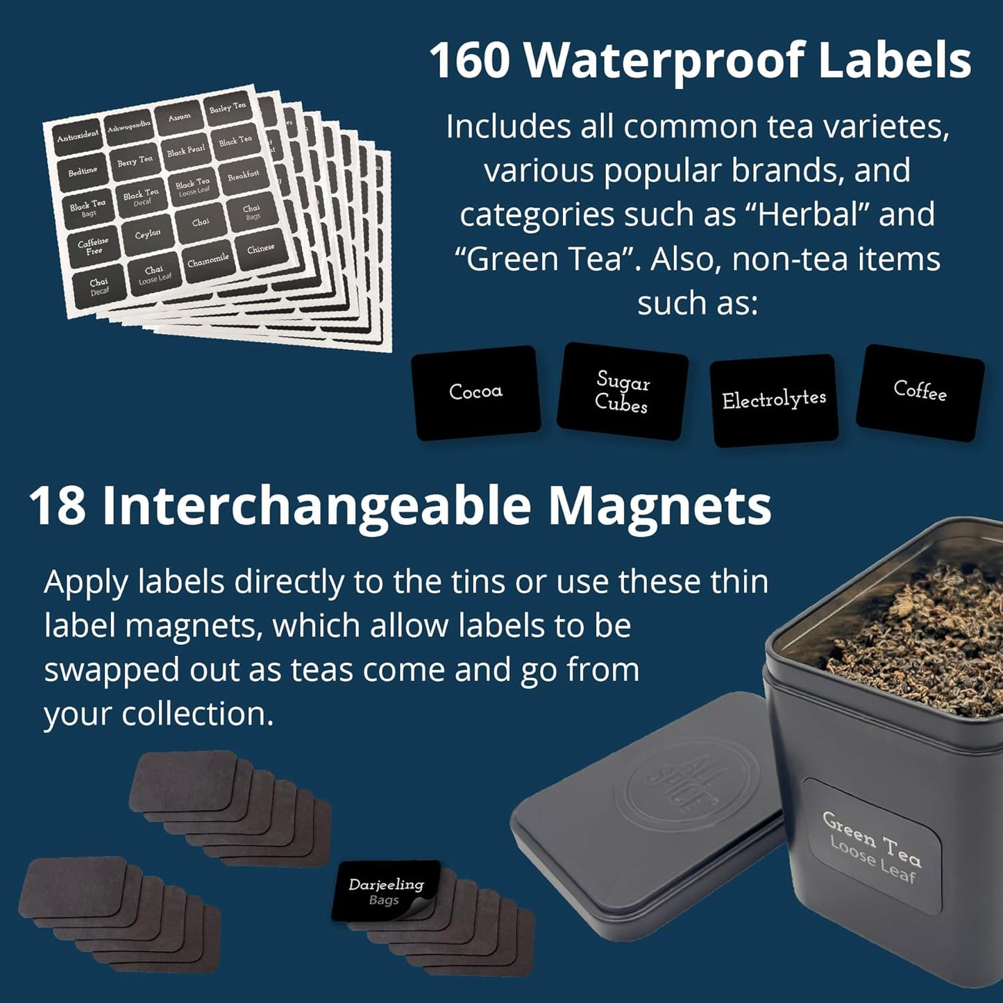 AllSpice Tea Organizer Rack with 9 Tins & 160 Magnetic Labels – Perfect for Bagged & Loose Leaf Tea Organization - White