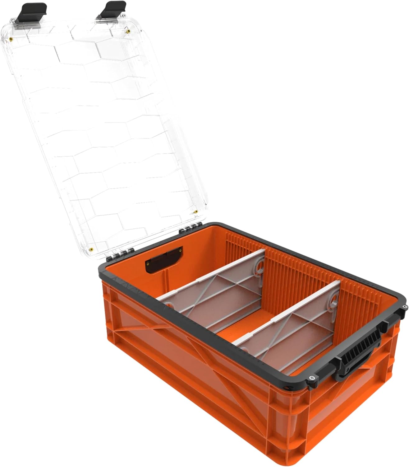 SIDIO Weather Resistant Stackable Storage Bins for Organization - Half-Size Plastic Bin with Dividers for Garage Organization, Home Storage - Heavy Duty Organizer Box (Orange)