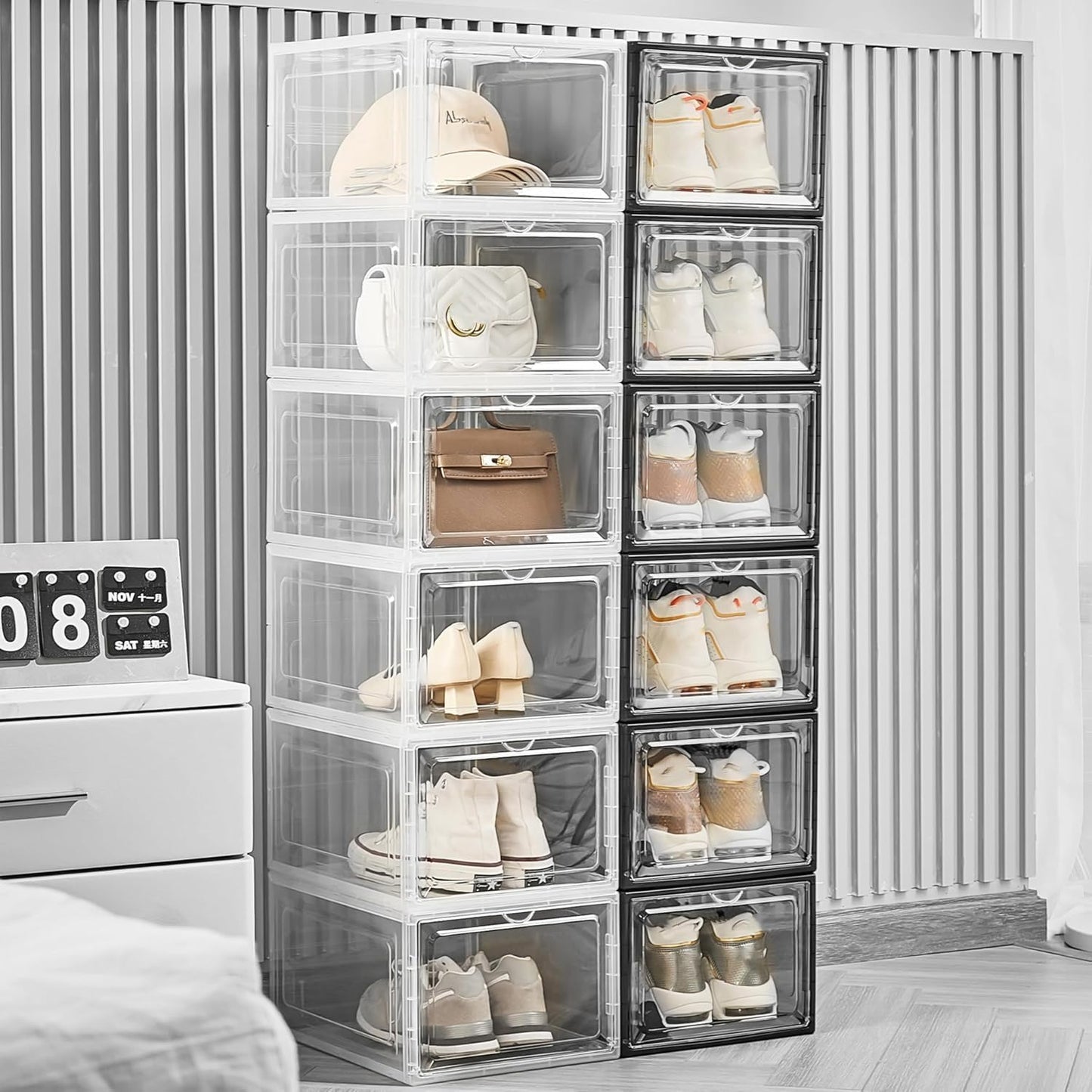 Attelite Upgrade 12pack Shoe Box Storage Containers,Thicken Sturdy Clear Stackable Plastic Shoe Organizer Box with Magnetic Door, X-Large Drop Front Shoe Box
