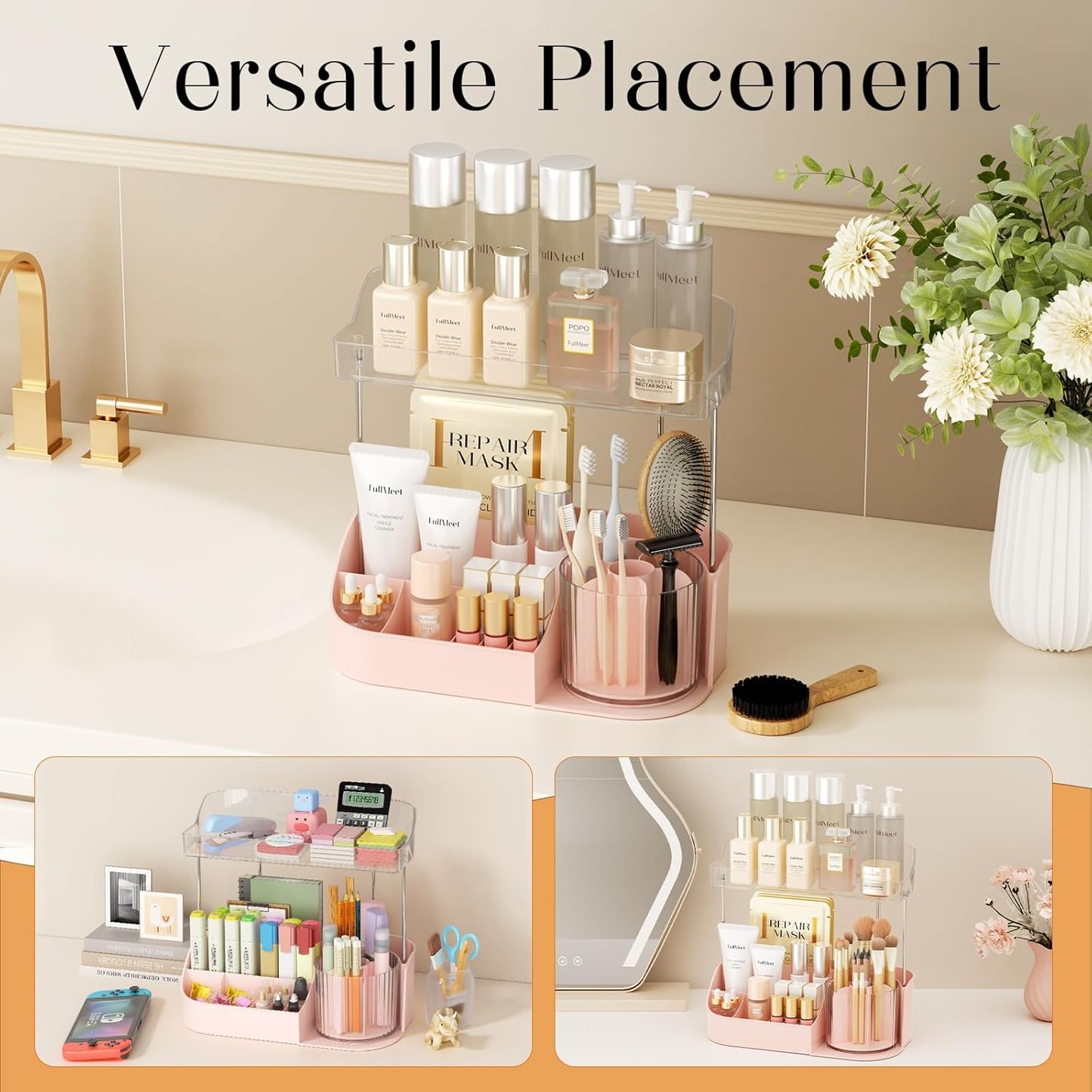 Rotating Makeup Organizer w/Makeup Brush Holder, 2 Tier Bathroom Countertop Organizers, Large Cosmetic Organizer Countertop, Vanity Organizers and Storage for Skincare, Lotion, Lipstick -Pink