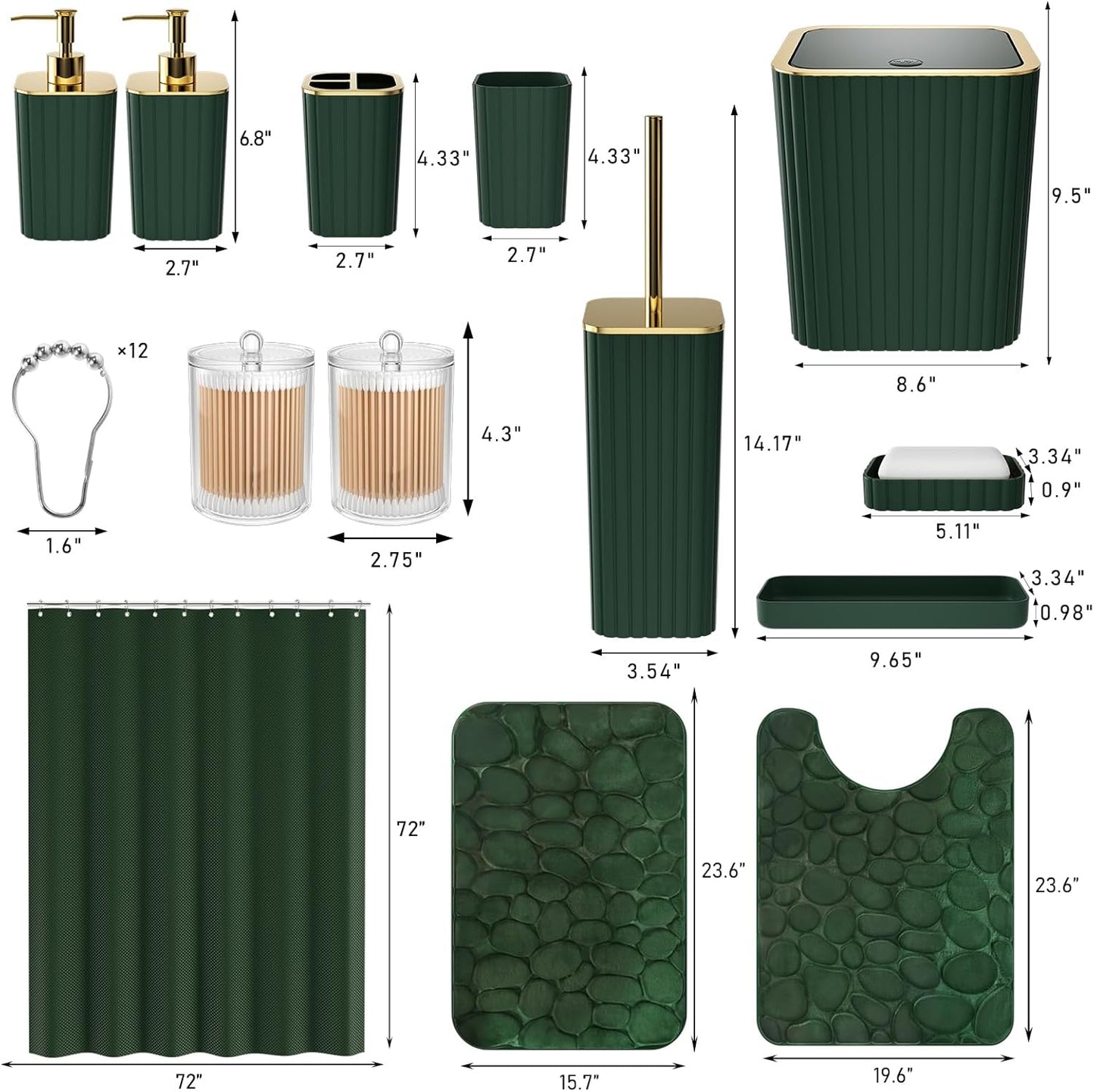 Bathroom Accessory Set - 25PC Green Bathroom Sets, Bathroom Set with Shower Curtain and Rugs, Dark Green Shower Curtain Set, Trash Can, Qtip Holder Dispenser & Soap Dispenser