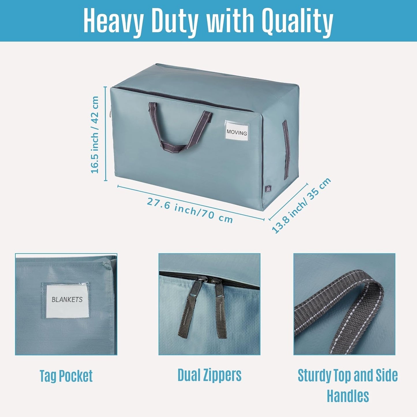 VENO 4 Pack Moving Bags and Large Christmas Decoration Storage Bins with lids. Alternative to Moving Boxes, Packing Supplies for College. Heavy Duty Totes (Light Blue Matte, 4 Pack)