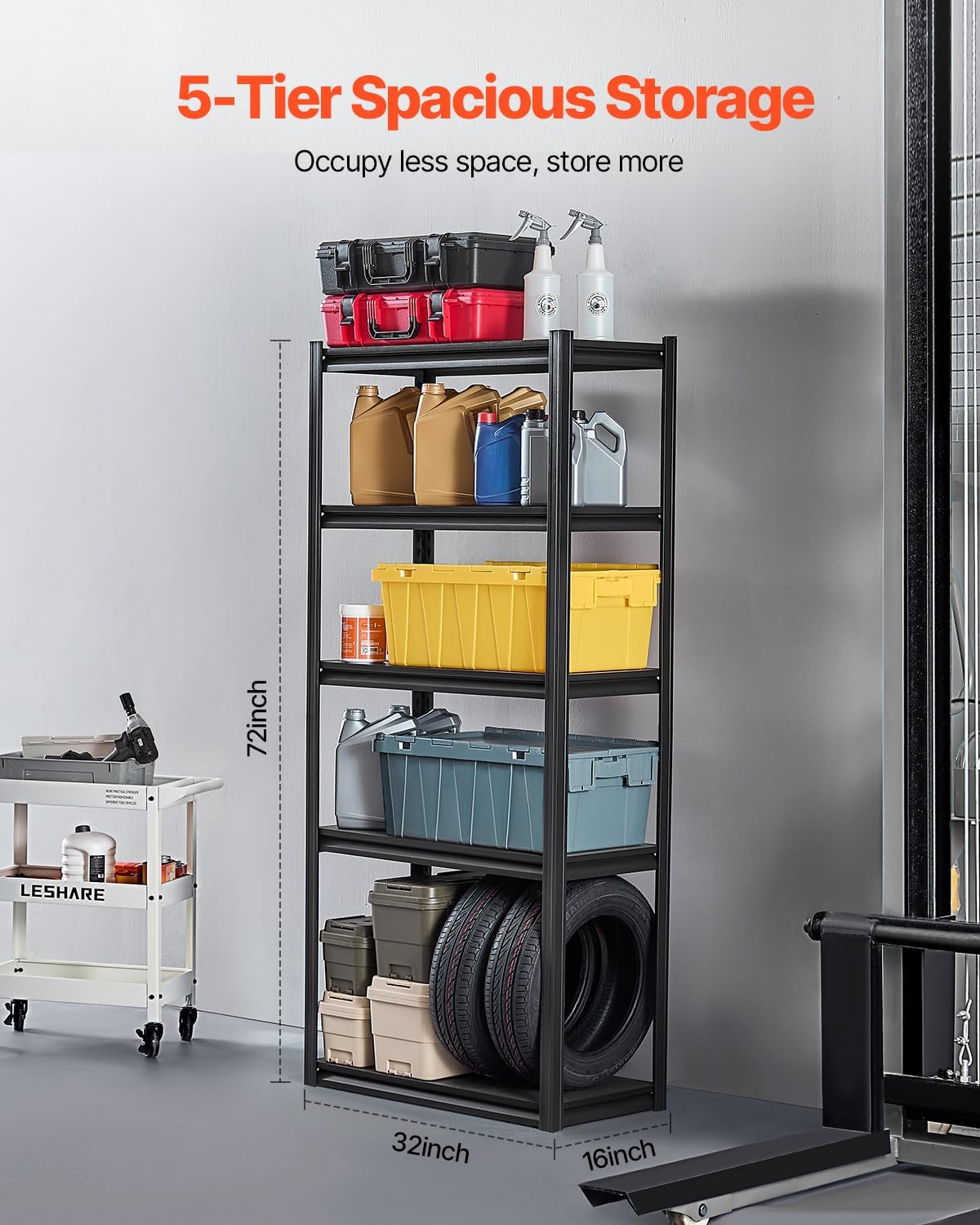 VEVOR Storage Shelves, 2000 lbs, 5 Tier Garage Storage Shelving, 16" D x 32" W x 72" H Adjustable Metal Shelves for Garage Shelves Utility Rack Shelf, Ideal for Kitchen, Warehouse, Basement, Black