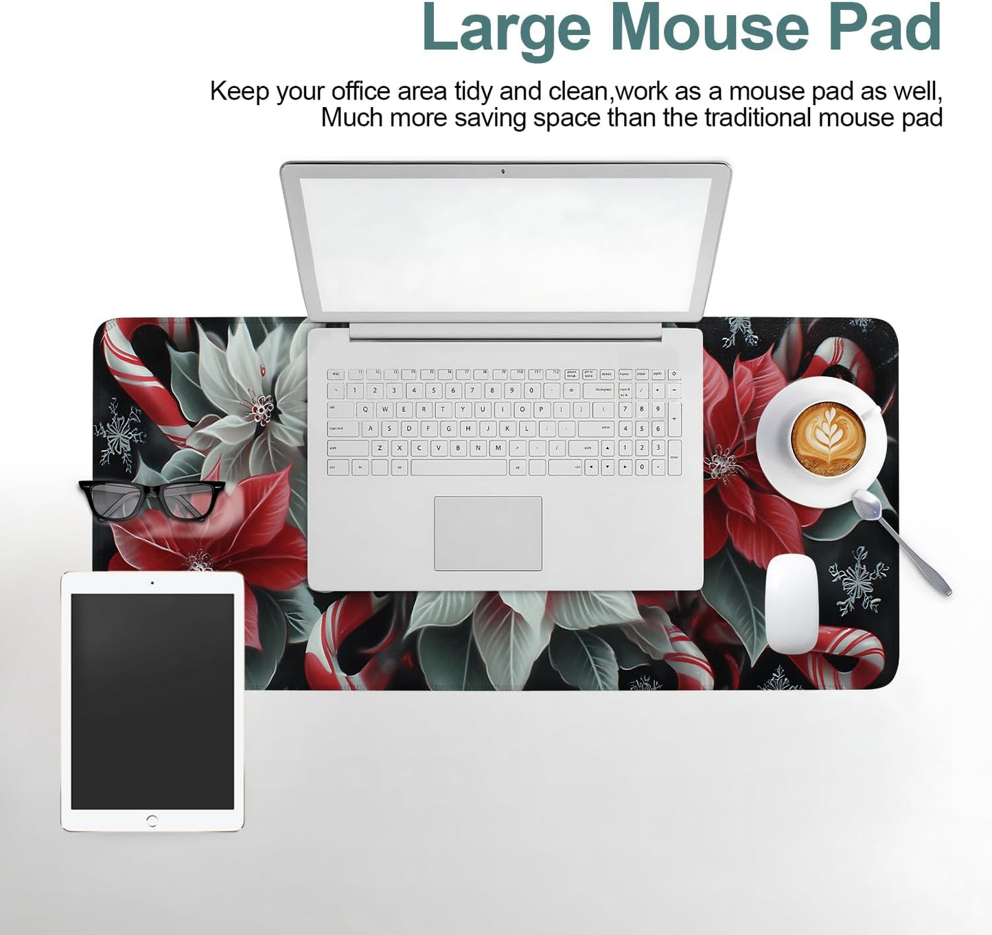 Christmas Flowers Gaming Mouse Pad 31.5"x11.8"Desk Mat Anti-Slip Rubber Base & Durable Stitched Edges for Gamers Smooth Mouse Writing Surface for Desk Office/Home