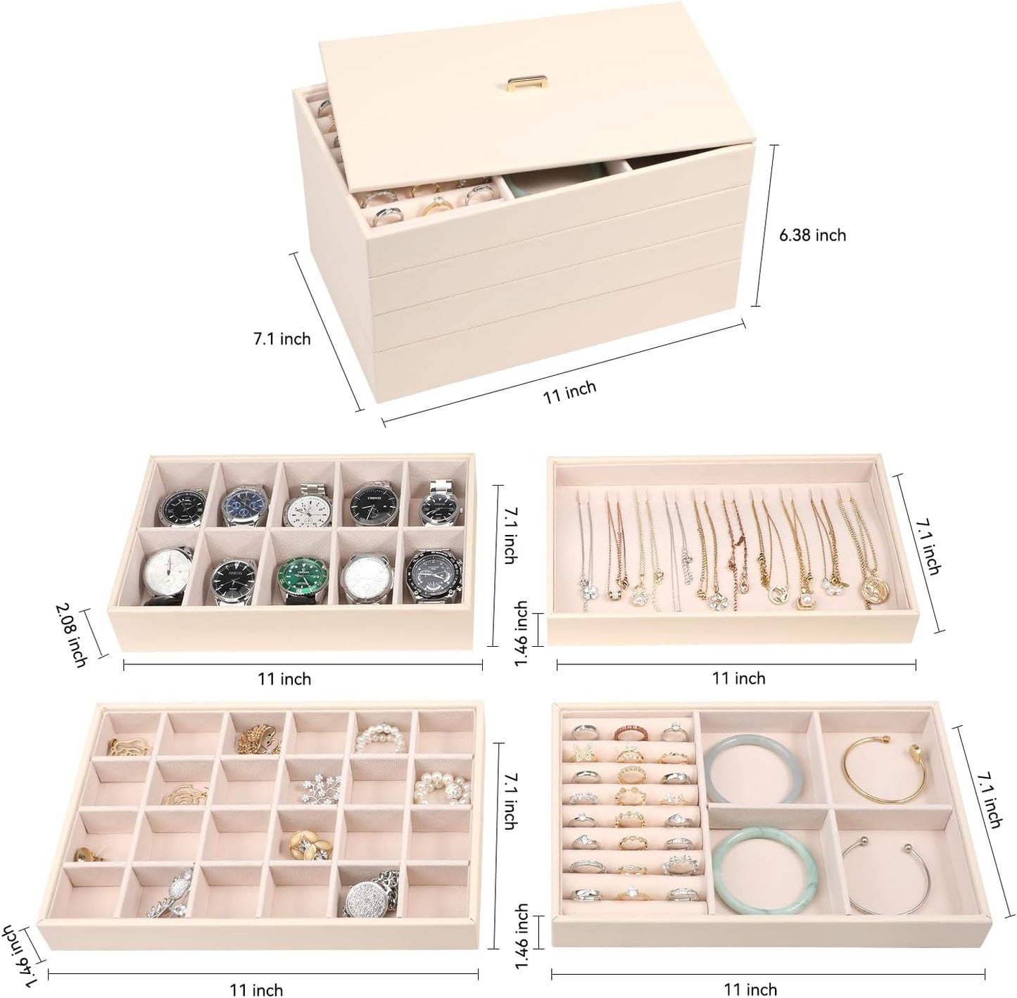 Voova Stackable Jewelry Organizer Tray with Lid, PU Leather Jewelry Storage Holder for Drawer Inserts, Jewellery Display Box Case for Earring Necklace Ring Watch Bracelet (Set of 4, Apricot)
