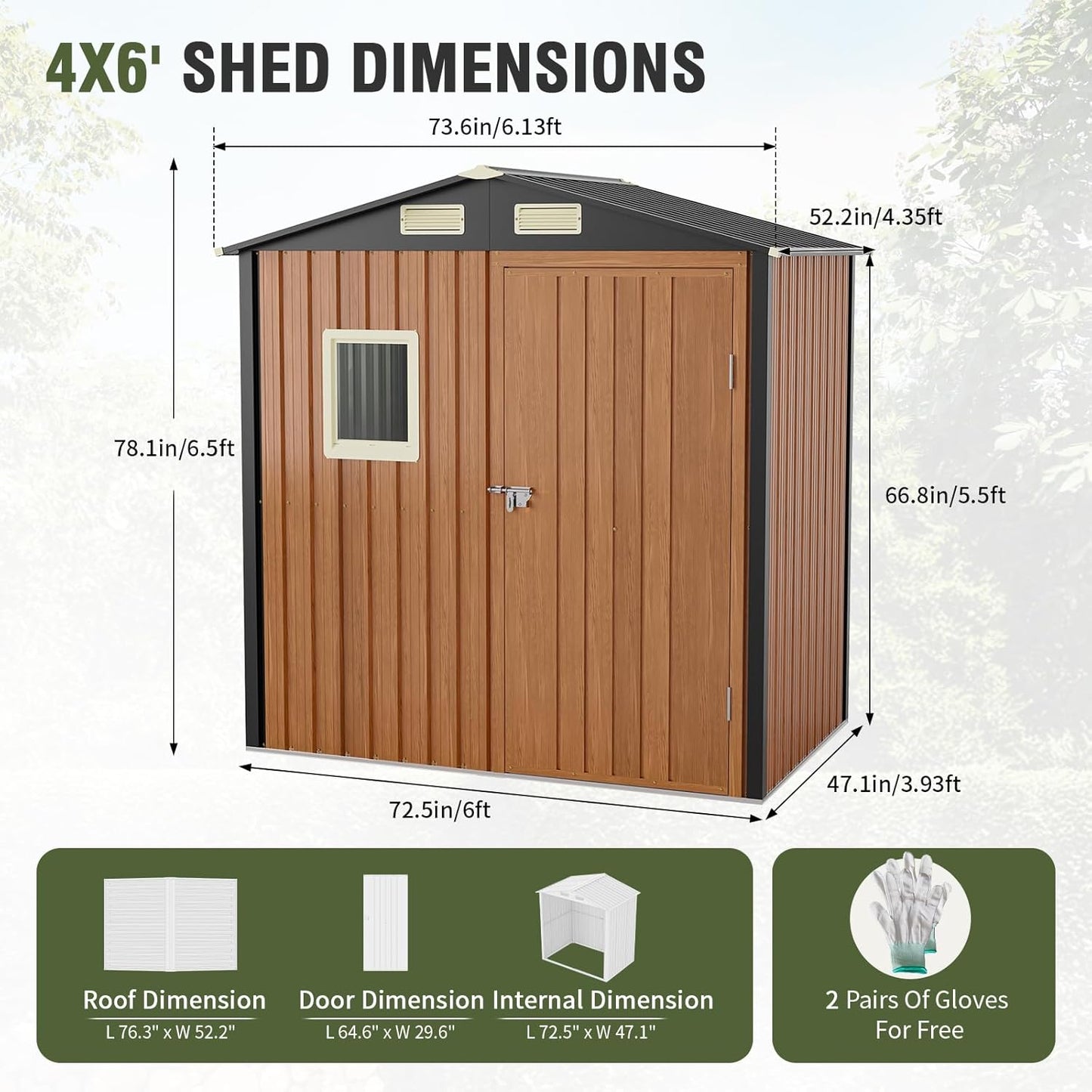 6x4 Ft Outdoor Metal Shed, Storage Garden Shed with Triple Lockable Doors & Vent, Multi-Used Shed for Backyard, Patio, Lawn and Tool & Bicycle Storage