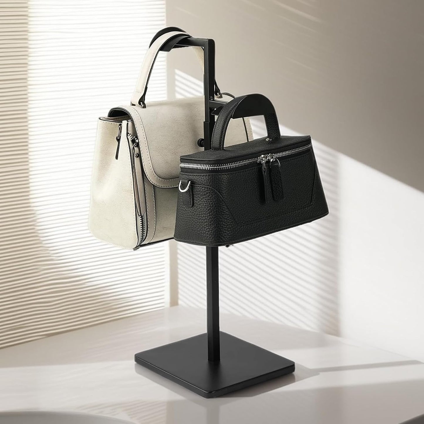 Two Tiers Handbag Display Stands - 2PCS Black Stainless Steels Purse Stand Holder Adjustable Height Display Rack for Retail Luxury Bag Organizer Home Store Boutique Retail Closet