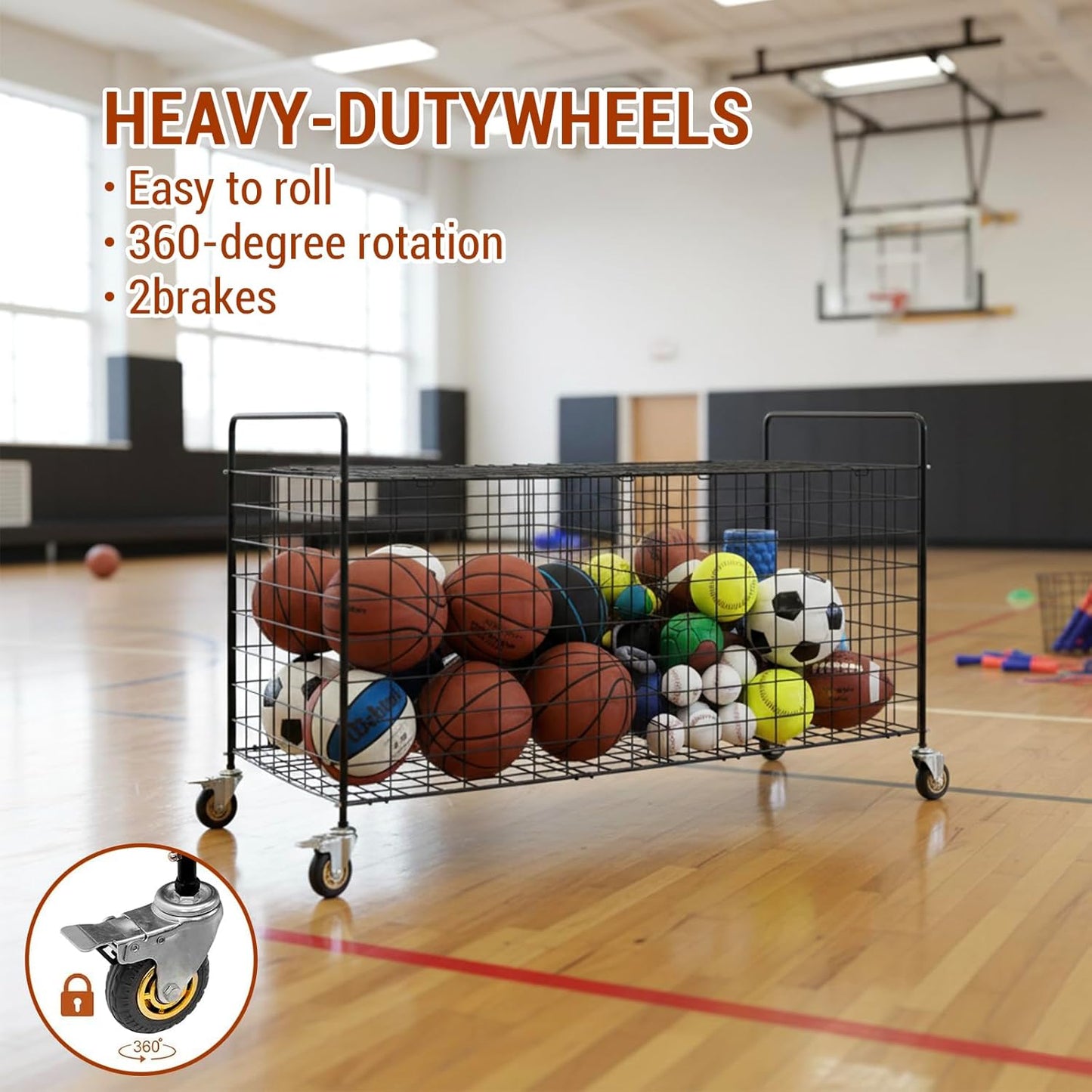 MyGift X-Large Capacity Black Metal Sports Ball and Gym Equipment Storage Rolling Cart with 2 Compartments, Lock Latch and Heavy-Duty Locking Caster Wheels, Garage Ball and Gear Organizer Holder